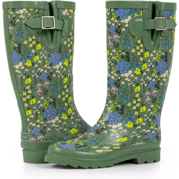 Women's Blossom Green Waterproof Tall Knee High Rubber landchief Rain Boot - Picture 3 of 6